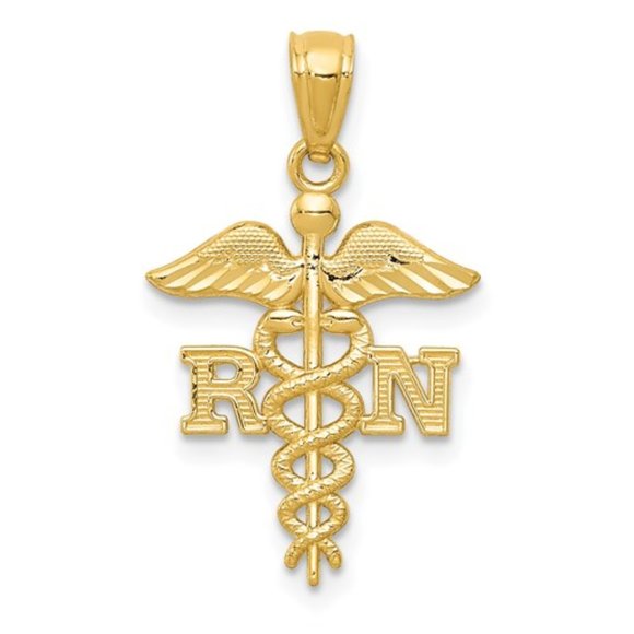 14k Yellow Gold RN Nurse Caduceus Necklace Charm Pendant Diamond-Cut - RN Gift